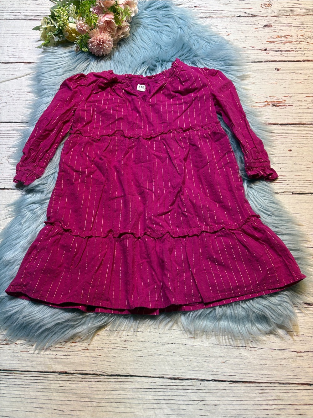 GAP Girls' Magenta Tiered Long Sleeve Dress with Metallic Stripes Sz S